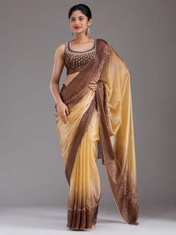 Koskii - Beige Stonework Gold Tissue Saree with Unstitched Blouse