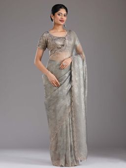 Koskii - Grey Stonework Gold Tissue Saree with Unstitched Blouse