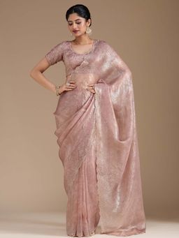Koskii - Mauve Stonework Gold Tissue Saree with Unstitched Blouse