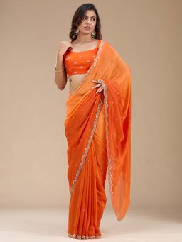 Koskii - Orange Cutdana Satin Saree with Unstitched Blouse