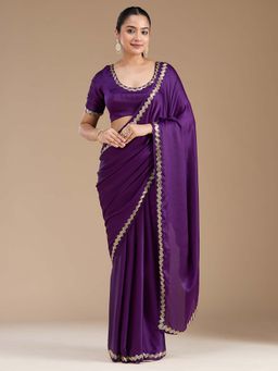 Koskii - Purple Aariwork Satin Saree with Unstitched Blouse
