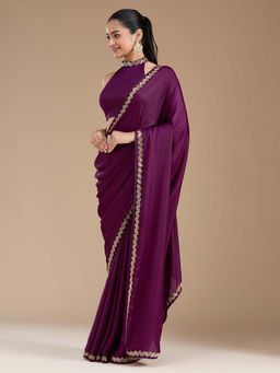Koskii - Wine Aariwork Satin Saree with Unstitched Blouse