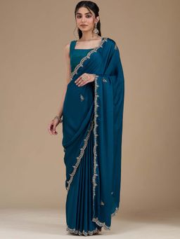 Koskii - Teal Blue Cutdana Satin Saree with Unstitched Blouse