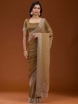 Koskii - Brown Embellished Gold Georgette Saree with Unstitched Blouse