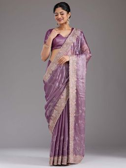 Koskii - Lavender Stonework Gold Organza Saree with Unstitched Blouse