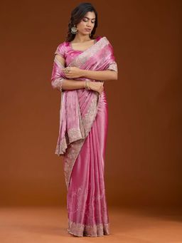 Koskii - Pink Stonework Gold Organza Saree with Unstitched Blouse