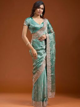 Koskii - Sea Green Stonework Gold Organza Saree with Unstitched Blouse