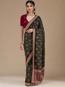 Koskii - Mehendi Green Thread Work Soft Raw Silk Saree with Unstitched Blouse