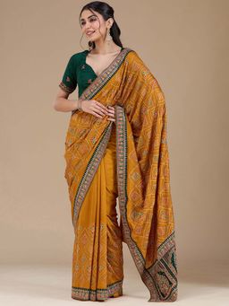 Koskii - Mustard Thread Work Soft Raw Silk Saree with Unstitched Blouse