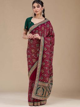 Koskii - Wine Thread Work Soft Raw Silk Saree with Unstitched Blouse