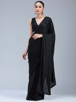 Koskii - Black Stonework Silver Organza Saree with Unstitched Blouse