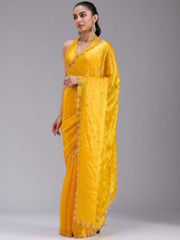 Koskii - Yellow Stonework Gold Tissue Saree with Unstitched Blouse