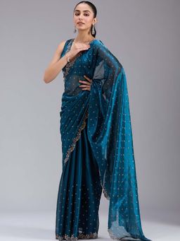 Koskii - Teal Blue Stonework Gold Tissue Saree with Unstitched Blouse