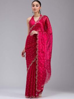 Koskii - Rani Pink Stonework Gold Tissue Saree with Unstitched Blouse