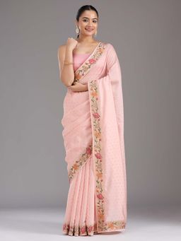 Koskii - Baby Pink Thread Work Tissue Saree with Unstitched Blouse