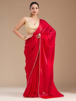 Koskii - Red Sequins Tissue Saree with Unstitched Blouse