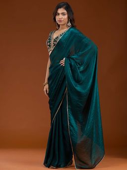 Koskii - Bottle Green Sequins Tissue Saree with Unstitched Blouse