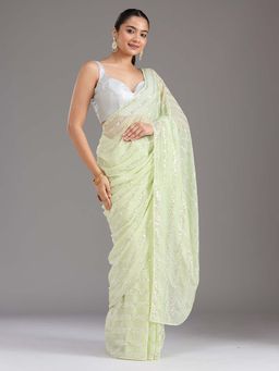 Koskii - Pista Green Sequins Georgette Saree with Unstitched Blouse