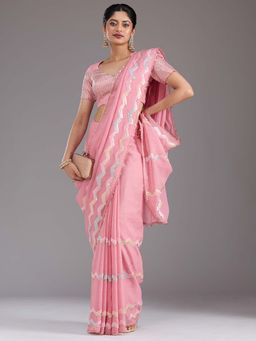 Koskii - Baby Pink Sequins Semi Crepe Saree with Unstitched Blouse