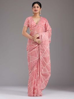 Koskii - Gajari Pink Pearlwork Tissue Saree with Unstitched Blouse