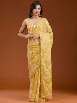 Koskii - Yellow Pearlwork Tissue Saree with Unstitched Blouse
