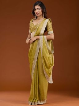 Koskii - Lime Green Embroidered Silver Tissue Saree with Unstitched Blouse