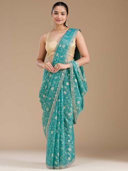Koskii - Sea Green Badla Tissue Saree with Unstitched Blouse