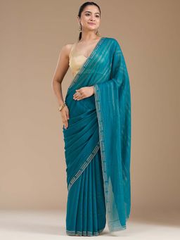Koskii - Teal Blue Stonework Gold Chiffon Saree with Unstitched Blouse