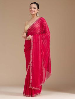 Koskii - Rani Pink Stonework Gold Chiffon Saree with Unstitched Blouse