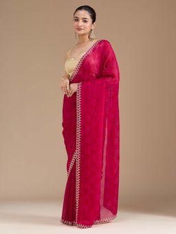 Koskii - Magenta Pink Stonework Gold Tissue Saree with Unstitched Blouse