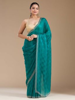 Koskii - Rama Green Stonework Gold Tissue Saree with Unstitched Blouse
