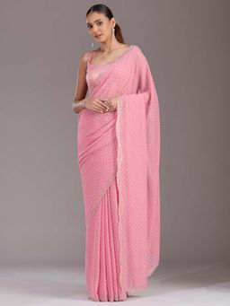 Koskii - Gajari Pink Stonework Silver Chiffon Saree with Unstitched Blouse