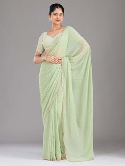 Koskii - Pista Green Stonework Silver Chiffon Saree with Unstitched Blouse