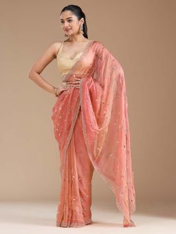 Koskii - Rust Stonework Gold Tissue Saree with Unstitched Blouse