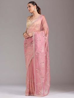 Koskii - Onion Pink Stonework Gold Tissue Saree with Unstitched Blouse