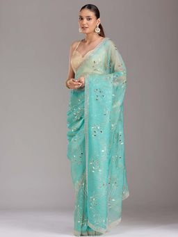 Koskii - Sea Green Stonework Gold Tissue Saree with Unstitched Blouse