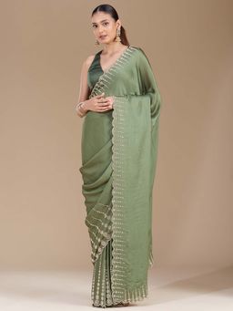 Koskii - Mehendi Green Stonework Gold Chiffon Saree with Unstitched Blouse