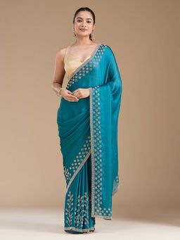 Koskii - Teal Stonework Gold Chiffon Saree with Unstitched Blouse