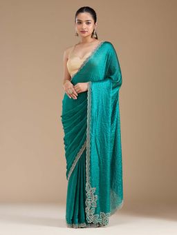 Koskii - Rama Green Stonework Gold Chiffon Saree with Unstitched Blouse