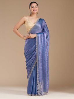 Koskii - Purple Stonework Gold Chiffon Saree with Unstitched Blouse