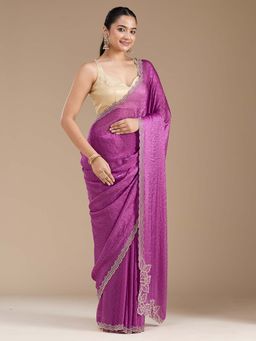 Koskii - Wine Stonework Gold Chiffon Saree with Unstitched Blouse