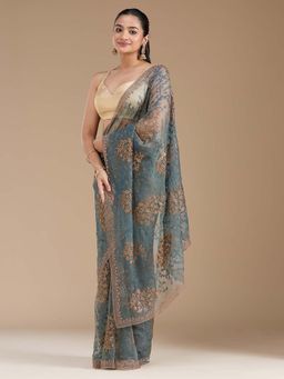 Koskii - Grey Embroidered Antique Tissue Saree with Unstitched Blouse