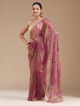 Koskii - Wine Embroidered Antique Tissue Saree with Unstitched Blouse