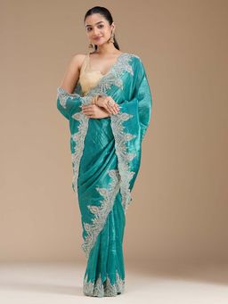 Koskii - Rama Green Thread Work Organza Saree with Unstitched Blouse