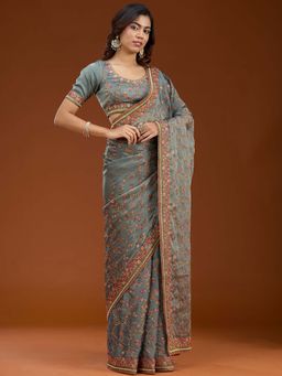 Koskii - Grey Thread Work Tissue Saree with Unstitched Blouse