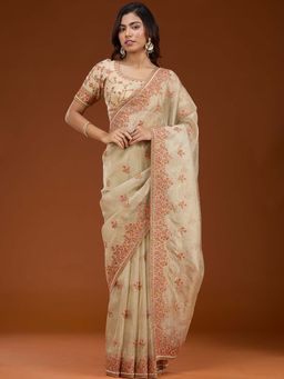 Koskii - Beige Thread Work Tissue Saree with Unstitched Blouse