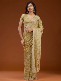 Koskii - Mehendi Green Stonework Silver Tissue Saree with Unstitched Blouse