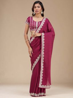 Koskii - Magenta Pink Embroidered Silver Soft Raw Silk Saree with Unstitched Blouse