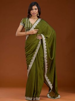 Koskii - Mehendi Green Embroidered Silver Soft Raw Silk Saree with Unstitched Blouse