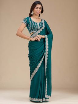 Koskii - Rama Green Embroidered Silver Soft Raw Silk Saree with Unstitched Blouse